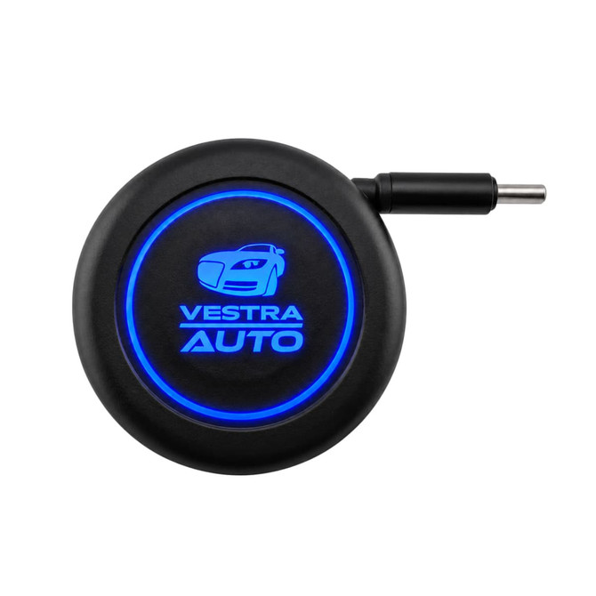 A retractable car charger in black with a blue illuminated logo and a connector.