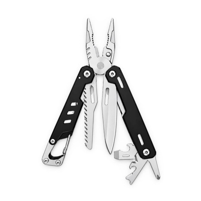 A multi-tool featuring stainless steel pliers, knife blade, and various tools, with a black and silver design.