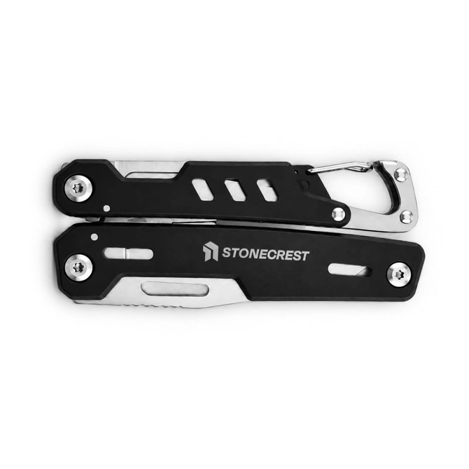 A black multi-tool with a silver edge and carabiner attachment, featuring a logo.