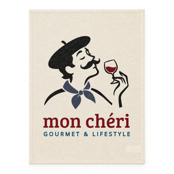 A large cotton tea towel in cream featuring a stylised illustration of a man holding a glass of wine, with branding.