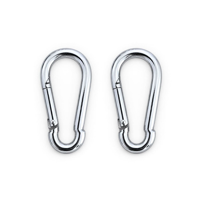 Two silver metal carabiners with a shiny finish and a spring-loaded latch.