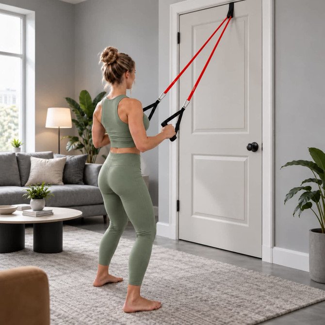 A fitness set featuring red resistance bands attached to a door, with a person in a green workout outfit demonstrating use.
