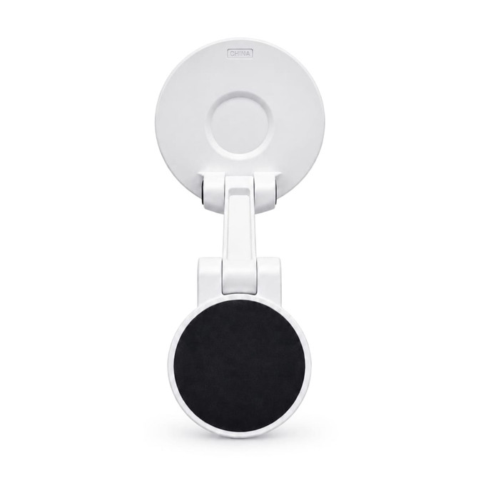 A white phone holder with a black magnetic base and a suction cup for mounting on surfaces.