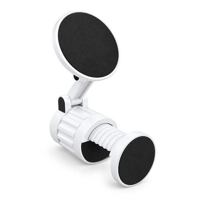 A white phone holder with two black magnetised surfaces and an adjustable arm for positioning.