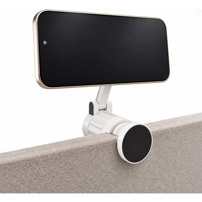 A white phone holder with a clamp attachment, securely holding a smartphone in an upright position.