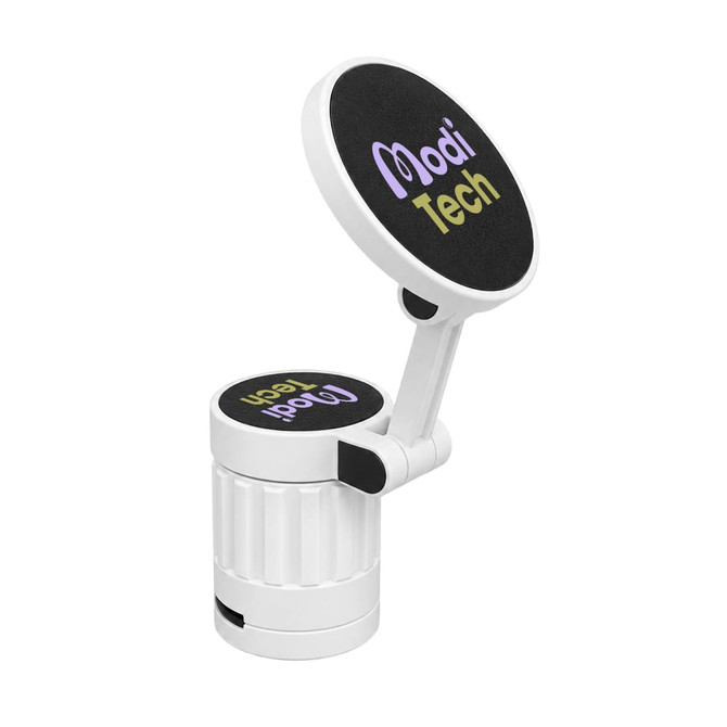 A white phone holder with a rotating top and branding in purple and yellow on its surface.