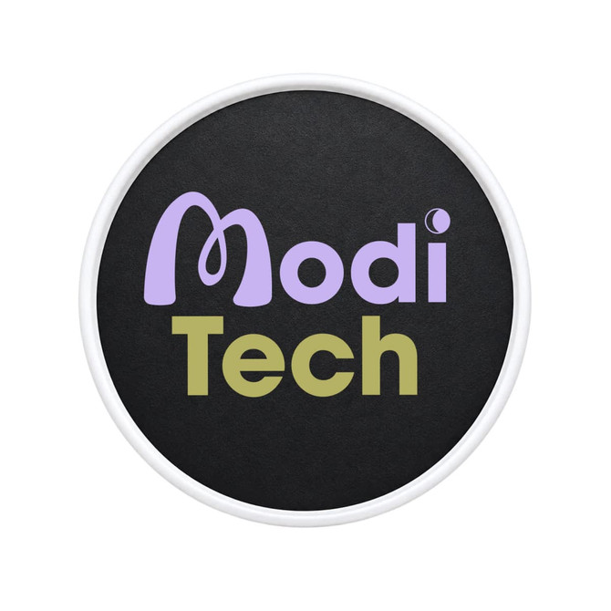 A circular product featuring a black background with purple and green text, along with a logo.