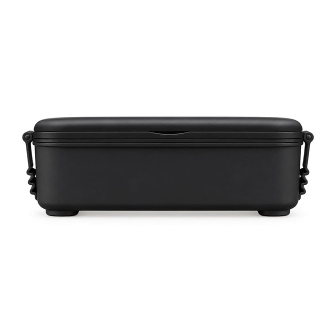 A black double tray lunchbox with a sleek design and built-in handles for easy carrying.