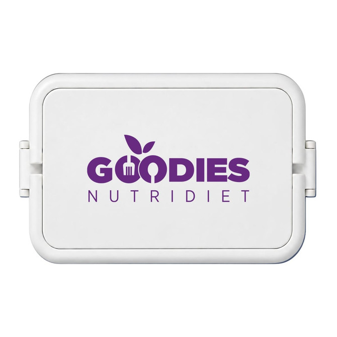 A white lunchbox featuring a double tray design and a logo on the lid.
