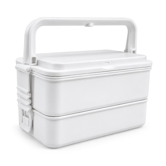 A double tray lunchbox in white with a handle and a clip closure. It features two stacked compartments.