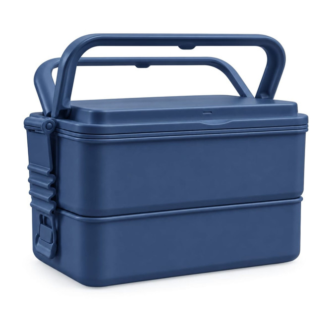 A navy blue double tray lunchbox with a handle and two stacked compartments. It includes a secure fastening.