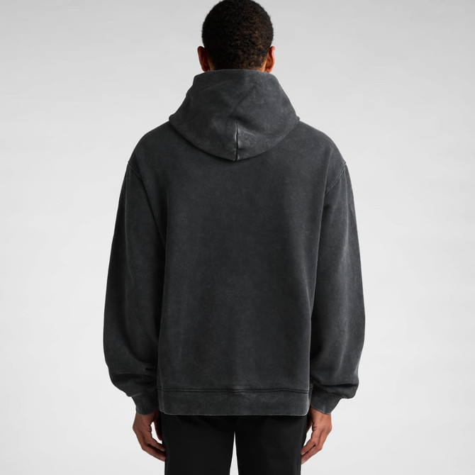 A dark grey hooded jumper with a relaxed fit, featuring a large hood and ribbed cuffs. The back view is shown.