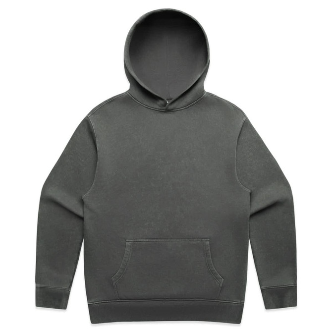 A grey stone-wash hoodie featuring a front pocket and a hood, with a subtle logo present.
