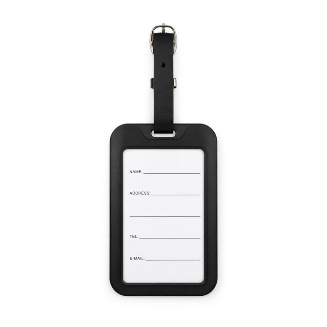 A black luggage tag tracker featuring a clear insert for personal information, with a loop attachment for securing.