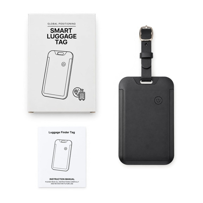 A black smart luggage tag with a strap, accompanied by packaging and an instruction manual.