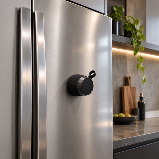 A compact black speaker adheres to a stainless steel refrigerator in a modern kitchen setting.