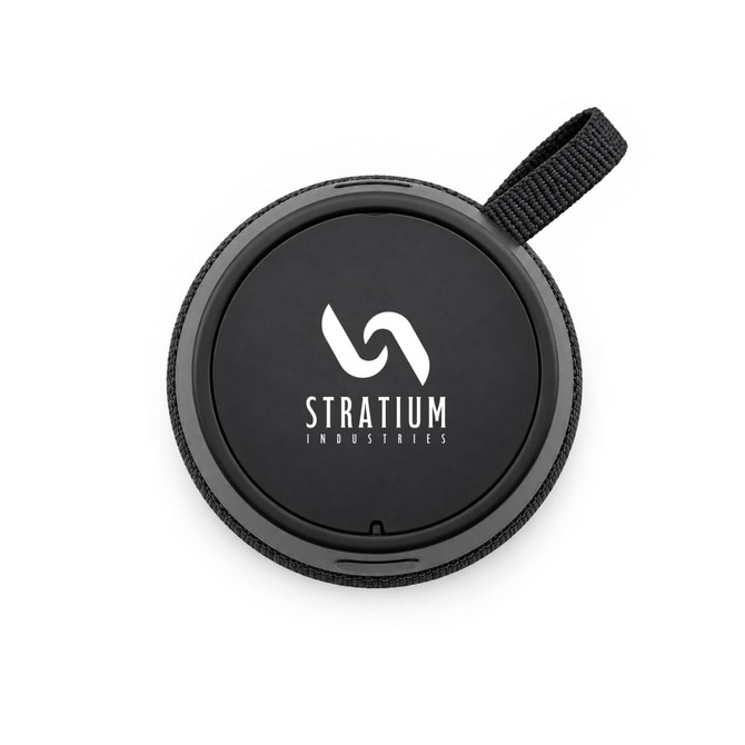 A round black speaker with a fabric loop and branding on the top.