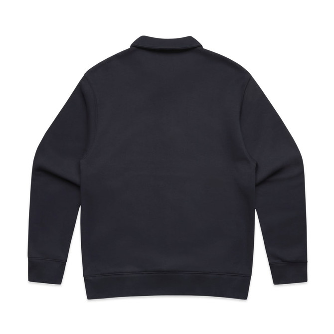 A navy blue collared crew jumper with a solid back design and ribbed cuffs. Features a branding logo.