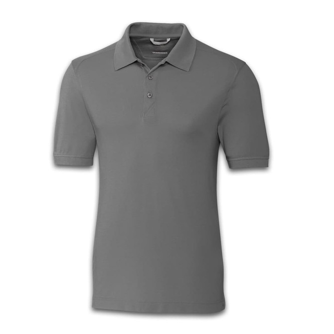 A grey men's polo shirt with a collar and short sleeves, featuring a logo on the chest.