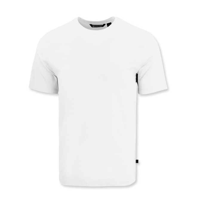 A white short-sleeve tee shirt with a subtle logo on the side.