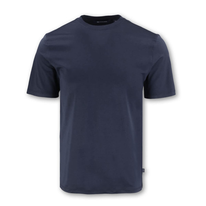 A navy blue t-shirt with short sleeves, featuring a simple design and a label on the side.