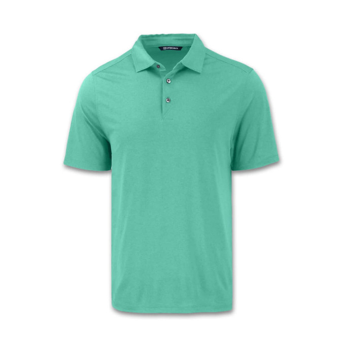 A green polo shirt with a three-button placket and short sleeves, featuring a subtle logo.