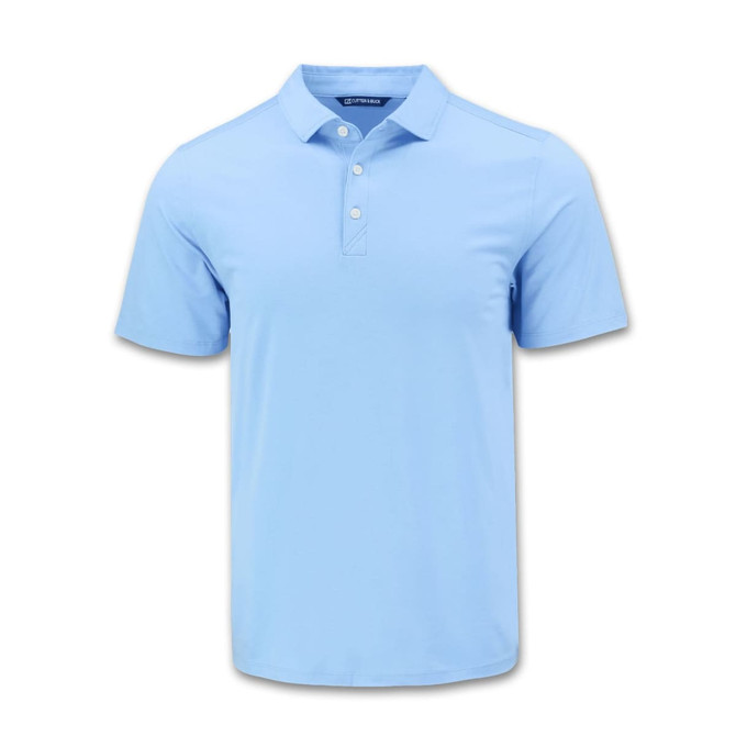 A light blue men's polo shirt featuring a collar, button placket, and a logo on the chest.