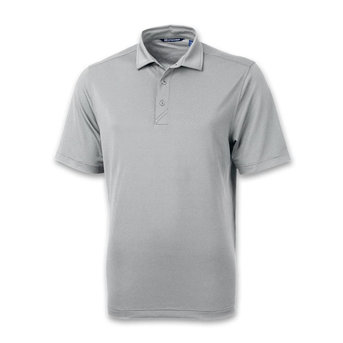 A light grey men's polo shirt with a collar and three buttons, featuring a logo on the chest.