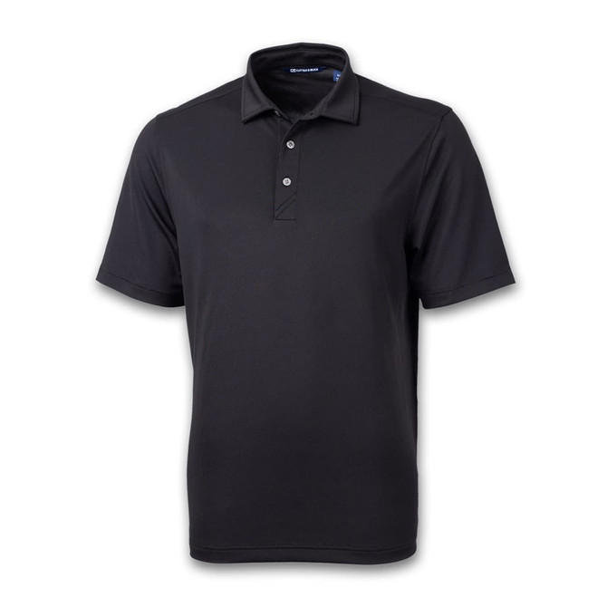 A black polo shirt with a button-up collar and short sleeves, featuring a logo on the chest.