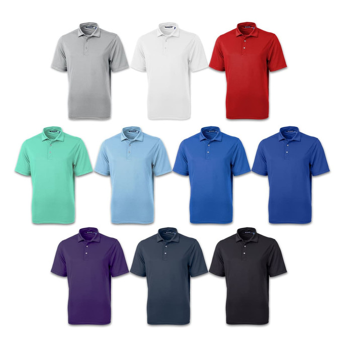 A collection of Cutter & Buck Virtue men's polo shirts in grey, white, red, mint, light blue, blue, purple, and black.