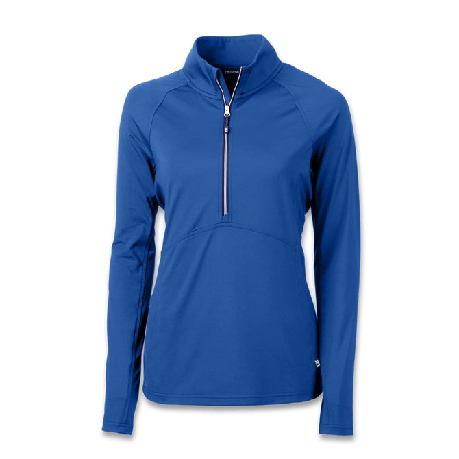 A women's half zip top in vibrant blue, featuring a zippered collar and long sleeves. Includes a logo.