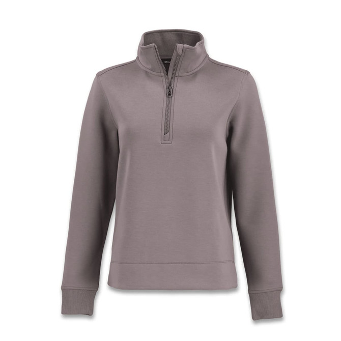 A women's half zip jacket in grey with long sleeves and a zippered collar. Features a logo on the garment.