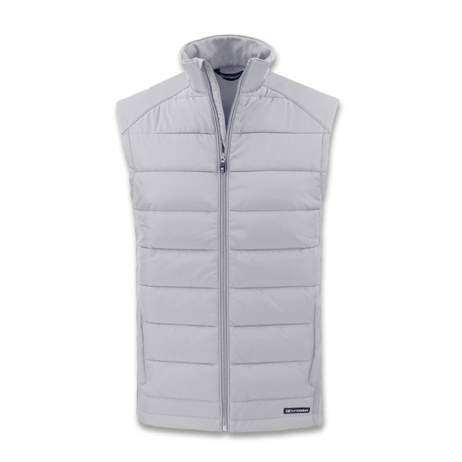 A light grey hybrid vest with a zip front and padded design, featuring a logo on the hem.