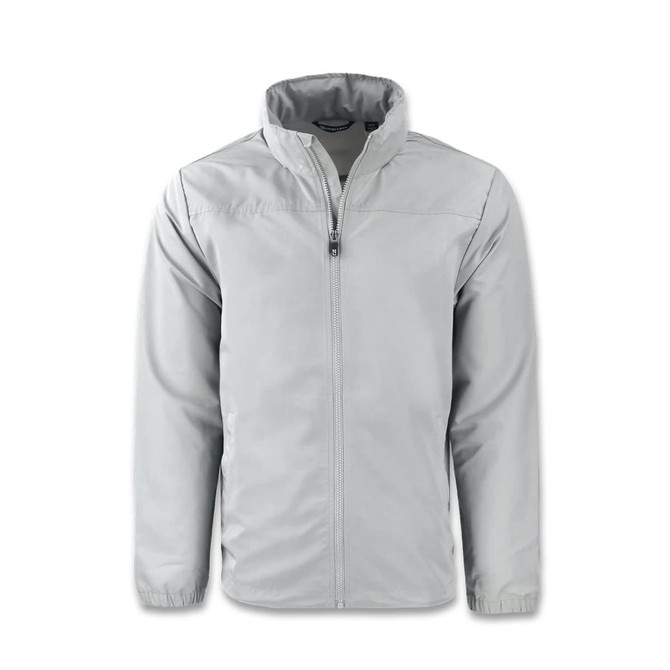 A light grey full zip jacket with a collar, featuring a front zip and a logo on the sleeve.