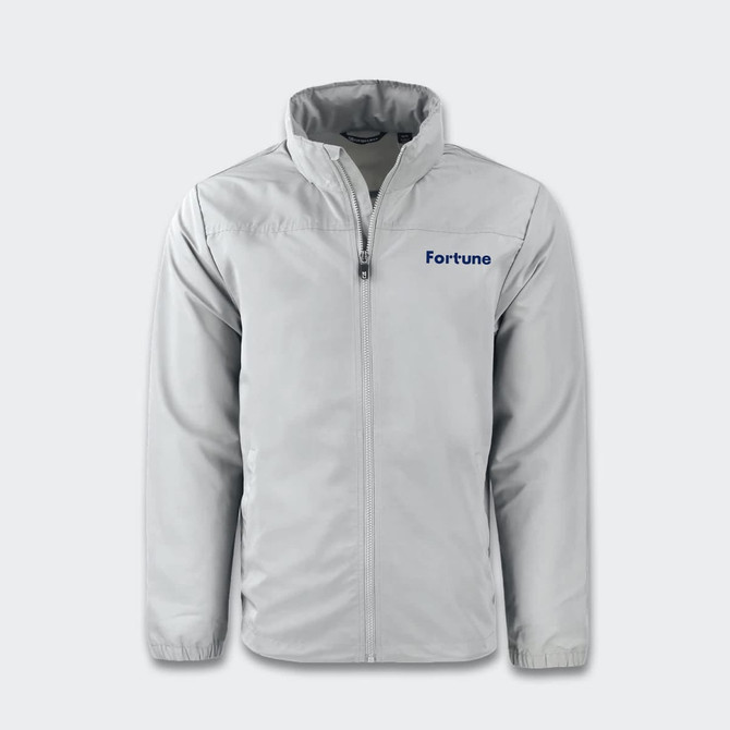 A light grey full zip jacket with a collar and a logo on the front.