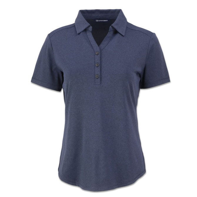 A navy polo shirt with a collar, short sleeves, and a button-up front. It features a logo on the chest.