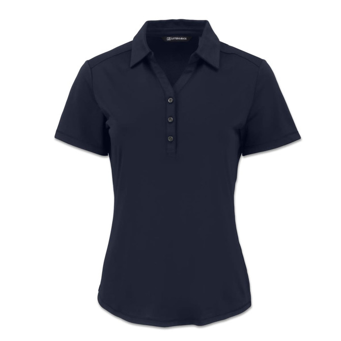 A navy blue women's polo shirt featuring a collar and button front, with a logo on the chest.