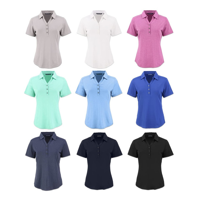 A collection of women's polo shirts in various colours: grey, white, pink, mint green, light blue, blue, navy, and black. Each features a logo.