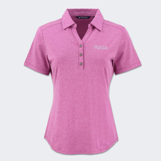 A pink women's polo shirt featuring a collar and three buttons, with a logo on the front.