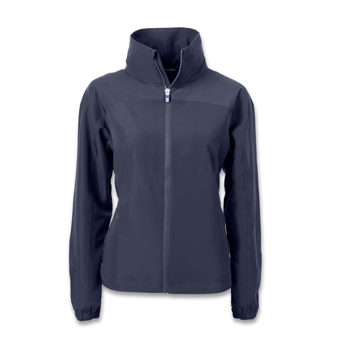 A women's full zip jacket in navy blue with a high collar and zipped front, featuring a logo.