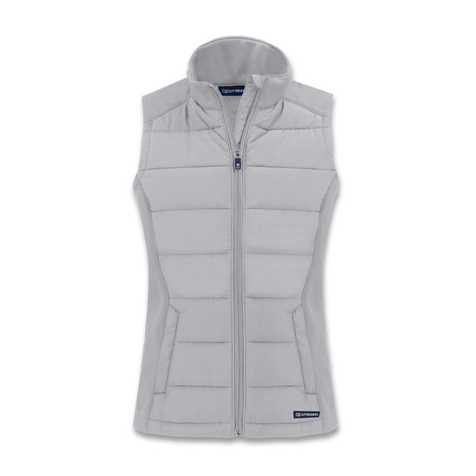 A grey women's hybrid vest featuring a zip front and quilted design, with a logo on the bottom.