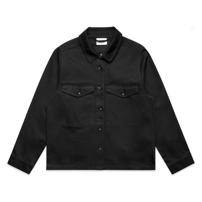 A black utility shacket featuring a collar, button front, and two chest pockets, with a logo present.