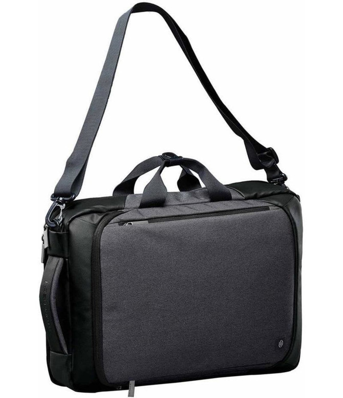 A laptop bag in graphite and black, featuring a main compartment, front pocket, and an adjustable shoulder strap.