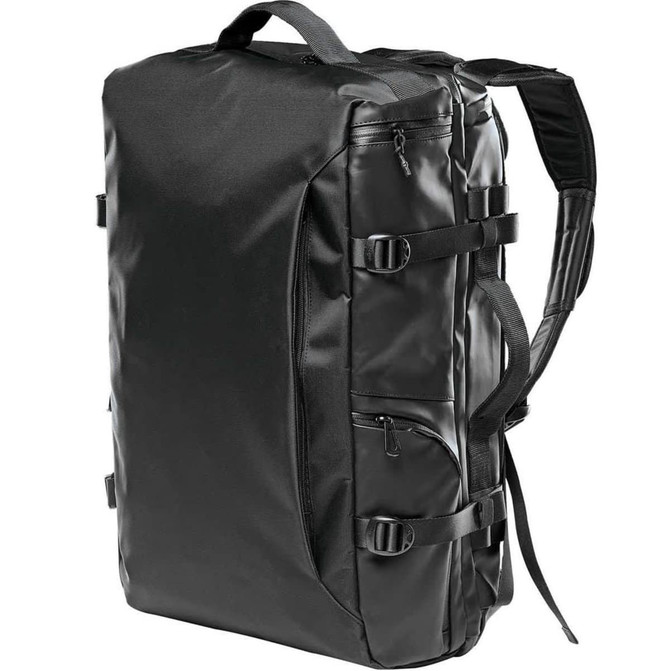 A sleek black wheeled bag with multiple zippers and straps, featuring a sturdy handle and adjustable backpack straps.