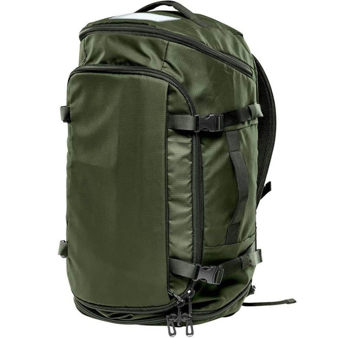 A green duffel pack with multiple compartments and straps, featuring a zippered closure and a logo on the front.