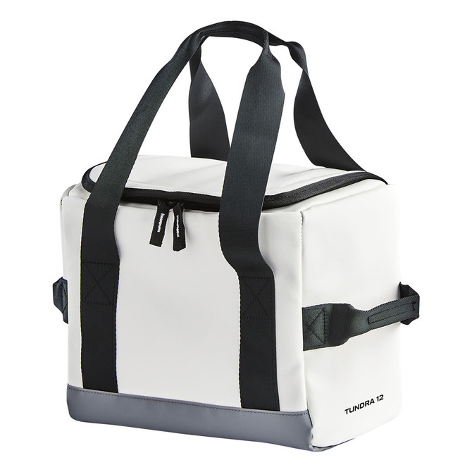 A white cooler bag with black handles, featuring a grey bottom, designed for up to 12 cans, with a logo.