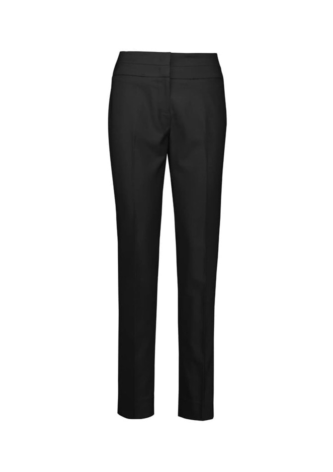 A pair of black women's mid-waist slim leg pants with a simple design and a logo. A pair of black women's mid-waist slim leg pants with a simple design and a logo.