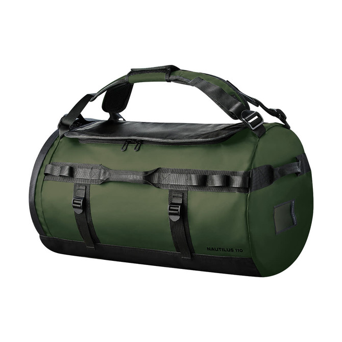 A green waterproof duffel bag with sturdy handles and straps, featuring a logo and a large capacity.
