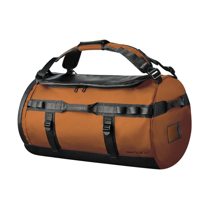 An orange waterproof duffel bag with black accents and adjustable straps. Features a logo on the side.