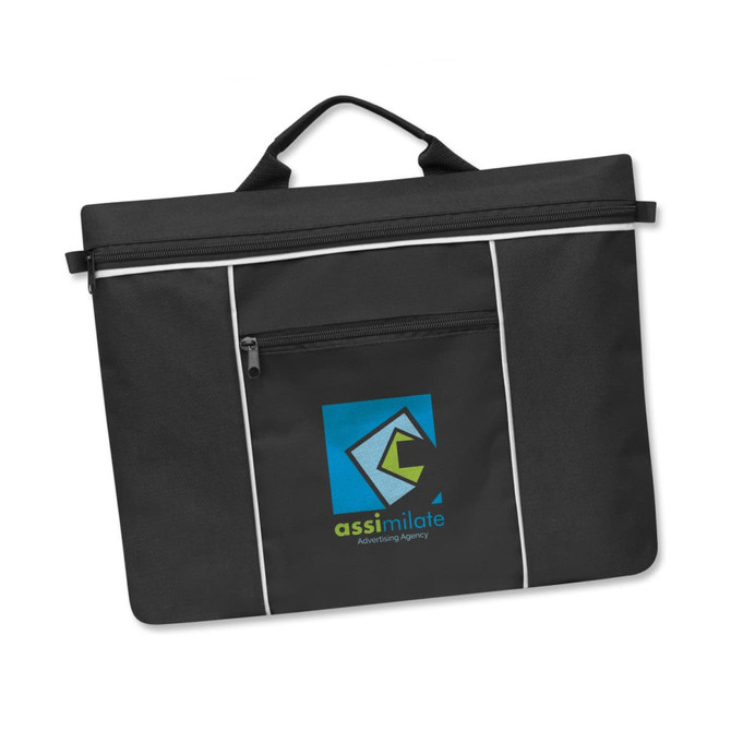 A black satchel with a front pocket and a logo on the centre. Features white piping on the edges.